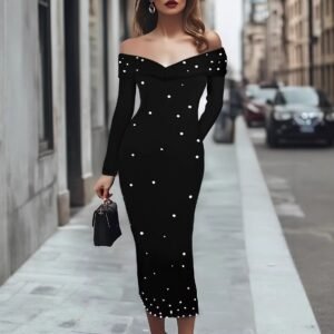 Womens Fashion Solid-Color Long-Sleeve Beaded Sheath Off-Shoulder Dress
