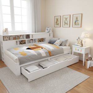 Sofa Bed, Storage Dayed,Double Bed-4ft6135x190 Cm, Multifunctional Storage Bed With Drawers, Shelves And Storage Cabinets, Bed Box With Storage Space, Suitable For Adults, Mattress Not Included, White