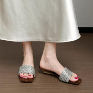 Women's Rhinestone One-Strap Sandals, New Trendy Design For Summer 2026, Outdoor Wear, Gorgeous Suede Elegant Wedge Slide Sandals