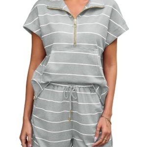 Fisoew Women Summer 2 Piece Outfits Striped Short Sleeve Zipper Shirts Casual Shorts Loose Lounge Short Sets