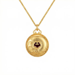 925 Sterling Silver Ornate Round Medallion Necklace Featuring Central Red Gemstone and Intricate Scrollwork