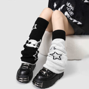 Y2K Star Skull Knit Leg Warmers, Black White Ribbed Slouch Socks, Goth Aesthetic Knit Leg Warmers For Women