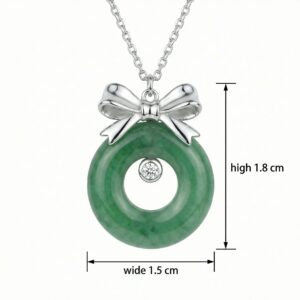 925 Sterling Silver Elegant Green Jade Donut Pendant Necklace with Sterling Silver Bow and Sparkling Crystal Accent