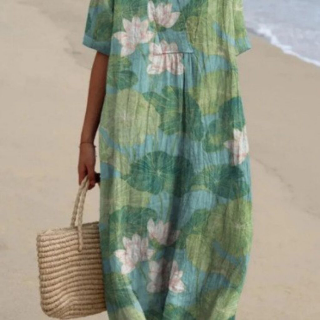 V Short Sleeve Pleated Straight Dress Female
