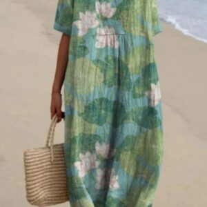 V Short Sleeve Pleated Straight Dress Female