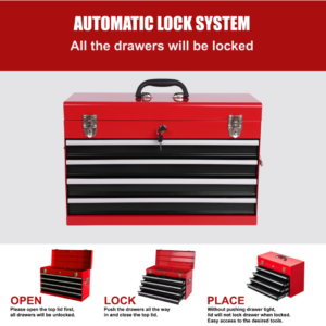 Heavy Duty Metal Tool Box, 21-inch, Portable Metal Tool Box With 4 Drawers, Small Tool Chest With EVA Liners, Ball Bearing Slide Drawers Locking & Powder Coated Finish, Multi-Function Tool Organizer