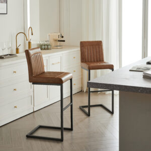 Back Brown Faux Leather Bar Stool Sturdy Black Metal Frame & Padded Seat Stylish Seating For Kitchen Island Home Bar & Dining Counter 2 Sets