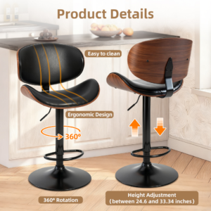 A Set Of 2 Rotating Bar Stools With Adjustable Height, PU Leather Decorative Chairs, Backrests And Footstools, And Anti-slip Rubber Bases