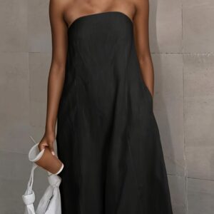 2026 NEW SUMMER Linen Women’s High-Waisted Strapless Backless Patchwork Pocket Dress Lightweight Casual Vacation Dress With Smooth Texture, Solid Color Long Dress For Summer