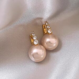 Elegant Nude Pink Enamel Pearl Drop Earrings For Women, Dainty Gold Plated Vintage Dangle Earrings, Luxury Minimalist Daily Wear Bridal Jewelry Gift