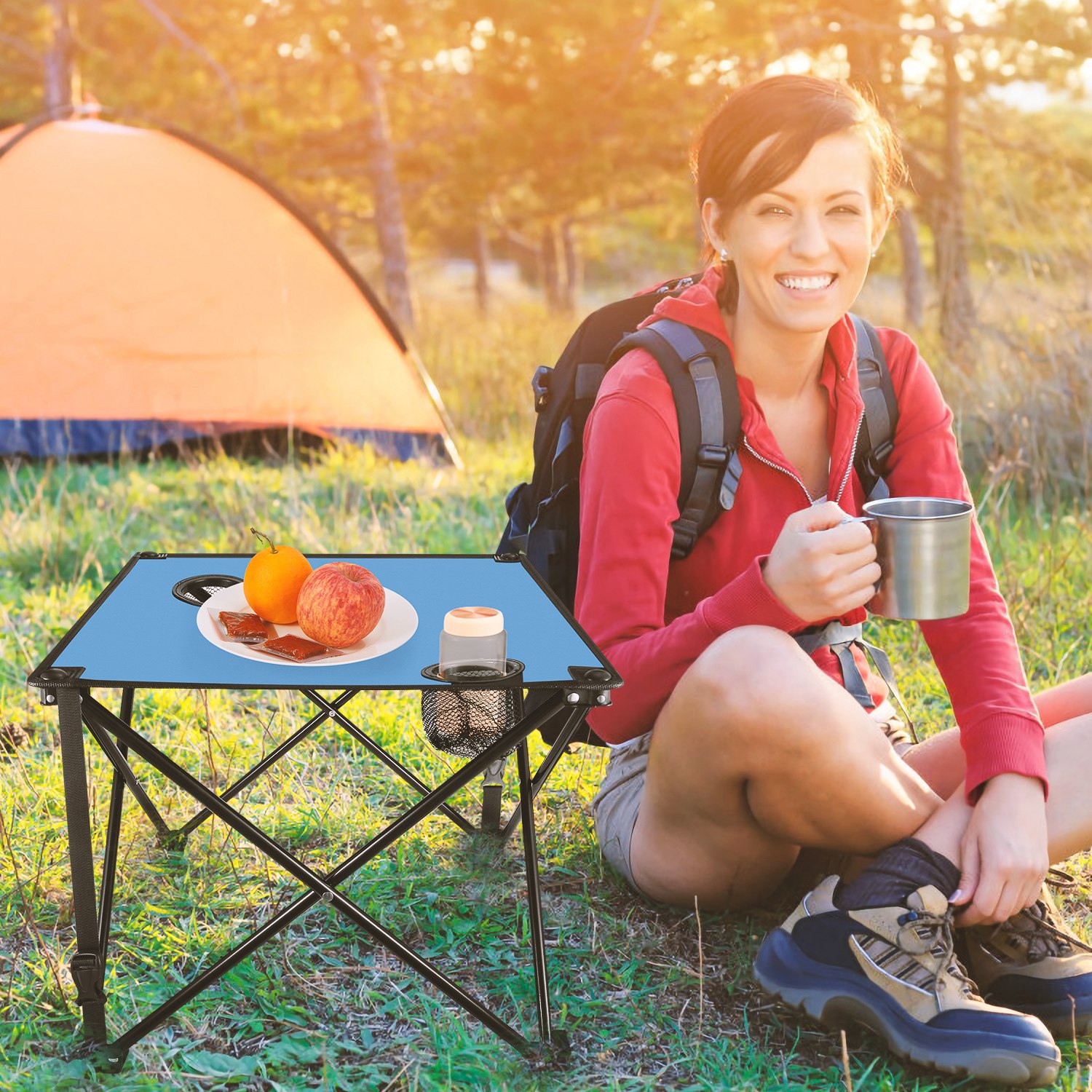 1Pc 2Pc Options Foldable Camping Table Portable Picnic Table Lightweight Travel Desk With 2 Cup Holders Carrying Bag Color Options Black Orange Green Red Blue Navy Blue - Image 27