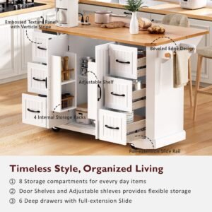 K&K 56 Inch Kitchen Island With Rubber Wood Veneer Drop Leaf, Power Outlet, 4 Door Shelves, Embossed Vertical Stripe Rolling Kitchen Cart On 4 Wheels With 6 Deep Drawers For Kitchen, Dining Room,White