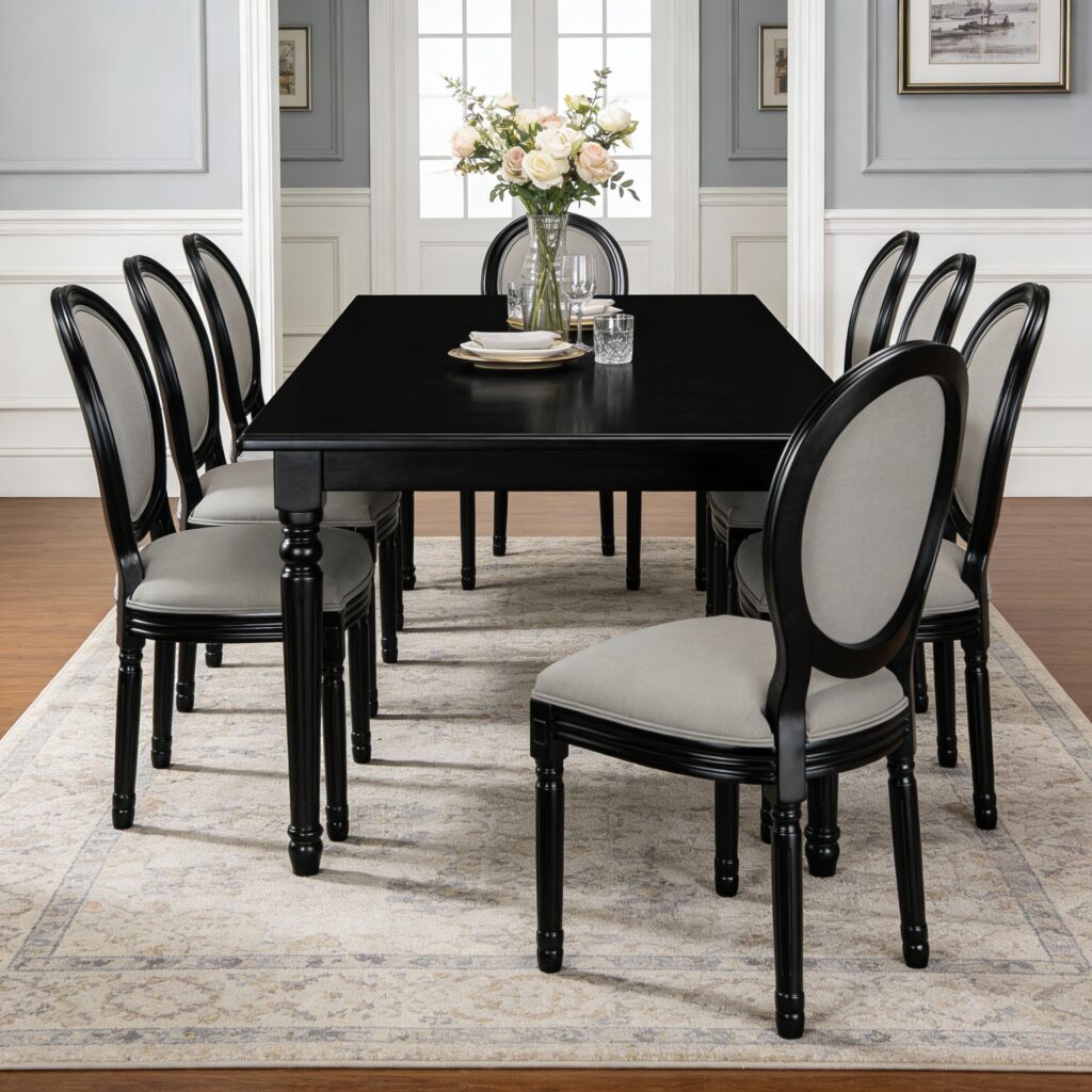 French Country Dining Chairs Set Of 2, Upholstered Chairs With Sponge Round Back , For Living Room, Kitchen , Restaurant Use, Black Solid Wood Frame,Light Grey Fabric