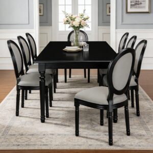 French Country Dining Chairs Set Of 2, Upholstered Chairs With Sponge Round Back , For Living Room, Kitchen , Restaurant Use, Black Solid Wood Frame,Light Grey Fabric