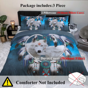 Wolf Print Animal Polyester Extra Soft Bedding Set Dream Catcher Duvet Cover, Includes 1 Duvet Cover With Zipper Closure & 2 Pillow Sham
