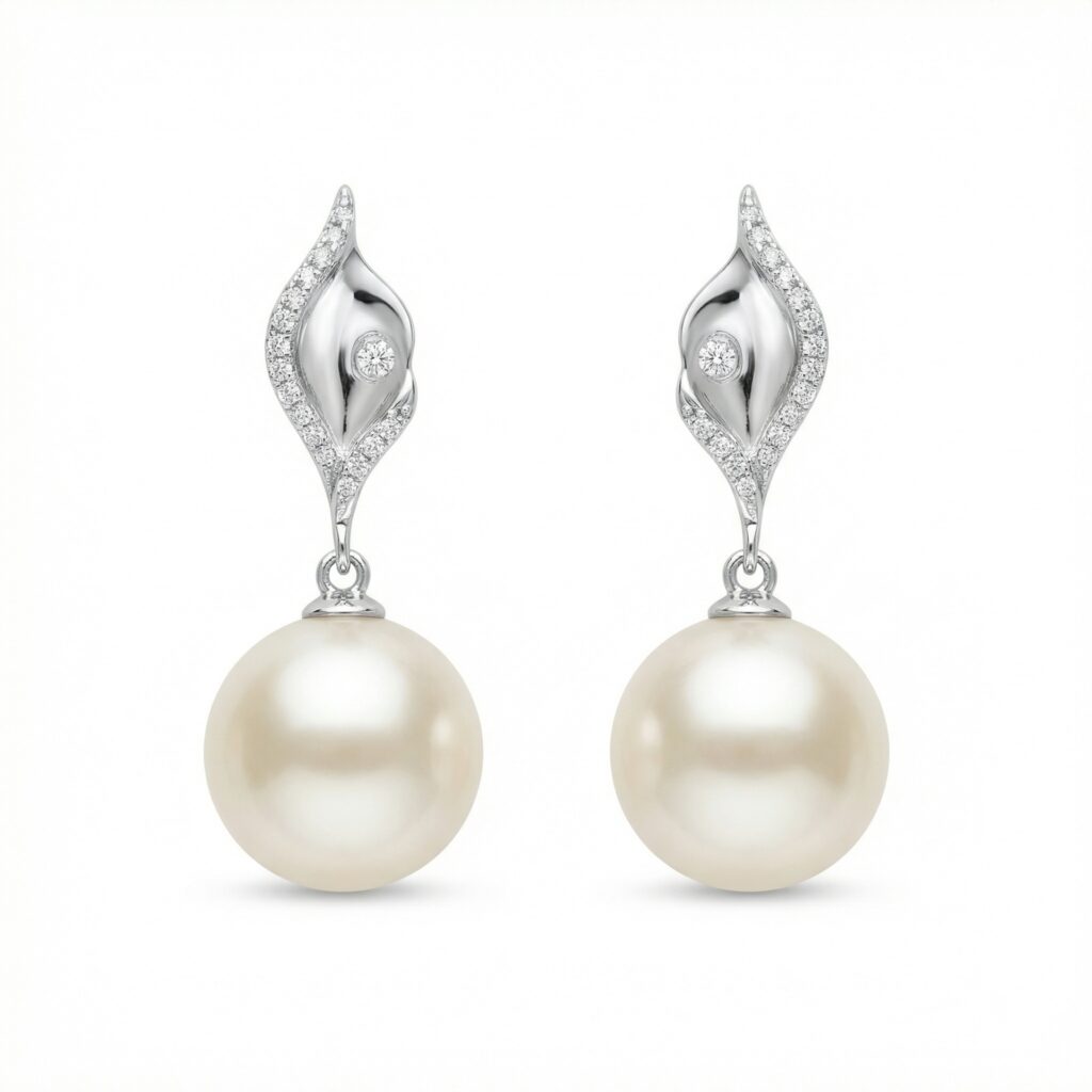 925 Sterling Silver Elegant White Pearl Drop Earrings with CZ Accents and Fluid Silver-Toned Settings