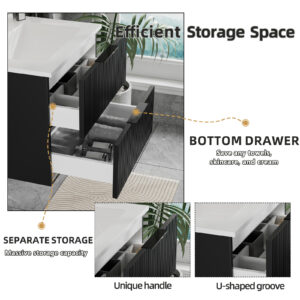36 Inch Bathroom Vanity Cabinet With Ceramic Sink - Black Wall Mounted Floating Fluted Vanity With Drawers Modern