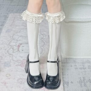 Lace Trim Calf Socks, Japanese Style Lolita Socks For Women, Thin White Slouch Socks For Autumn, Bowknot Mid-Calf Socks