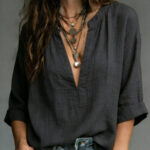 Short-sleeve Thin V-neck Pullover Shirt Loose-fit Womens Blouse