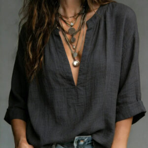 Short-sleeve Thin V-neck Pullover Shirt Loose-fit Womens Blouse