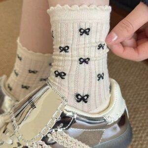 Women's Polka Dot & Bow Print Crew Socks, 4-Pack Ribbed Knit Casual Socks, Cute Coquette Socks For Daily Wear & Preppy Style