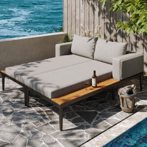 Modular Outdoor Double Chaise Lounge With Wooden Side Panels, Waterproof Cushions, Sturdy Iron Frame, For Patio & Poolside