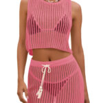 Fisoew Womens 2 Piece Crochet Sets Sleeveless Crop Tops Cover Up Beach Mini Skirt Outfits Vacation Sets