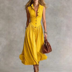Elegant, Sophisticated Long Sleeveless Dress With A Lapel Collar
