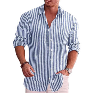 Men's Casual Digital-Print Lapel Striped Shirt