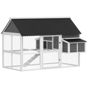 Wooden Chicken Coop With Run, 2 Nesting Boxes, 2 Roosting Bars, Ramp & Tray, Poultry Cage For 6-8 Chickens, Gray