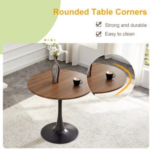 Round Dining Table, 31.5in Circle Tulip Table With Thickened Tabletop & Metal Pedestal, Mid Century Modern Bistro Table For Kitchen, Small Places, Living Room, Cafe Faux Walnut