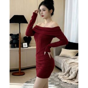 Off-shoulder Long-sleeve Womens Spring Slim-fit Dress
