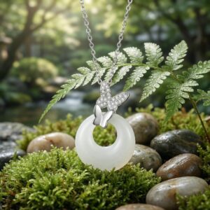 925 Sterling Silver Elegant Butterfly White Jade Pendant Necklace with Sparkling Cubic Zirconia Accents