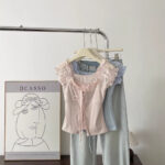 Lace-trimmed Puff-sleeve Polka-dot Short-sleeve Womens Top