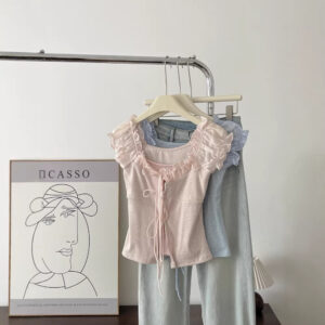 Lace-trimmed Puff-sleeve Polka-dot Short-sleeve Womens Top