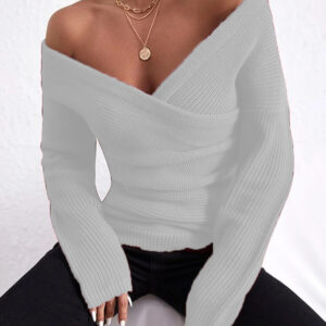 Crew-neck Off-shoulder Casual Cross-over Fitted Knit Sweater