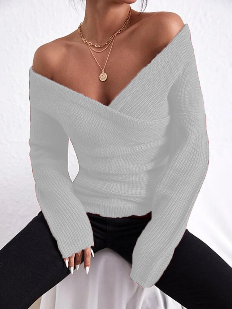 Crew-neck Off-shoulder Casual Cross-over Fitted Knit Sweater
