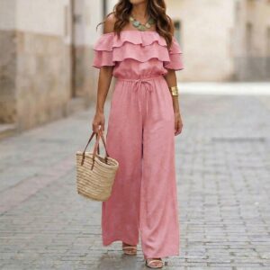 Womens Ruffled Off-Shoulder Solid Color Cinched Waist Jumpsuit