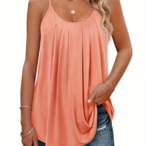 Women's Casual Summer Pleated Round Neck Keyhole Loose Top