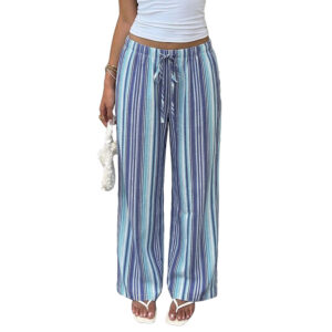 Draped Blue And White Striped Wide-leg Pants With An Elastic Waistband