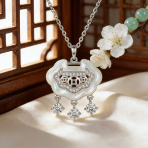 925 Sterling Silver Sterling Silver Ruyi Longevity Lock Pendant Necklace with Mother-of-Pearl and Crystal Charms