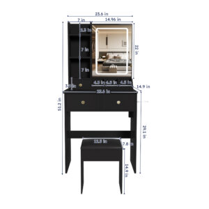 Modern Small Vanity Desk Featuring 3 Modes Of LED Lighting With Adjustable Brightness 3 Drawers And Multiple Open Storage Shelves A Hair Dryer Holder And Power Socket And A Dressing Chair. Black
