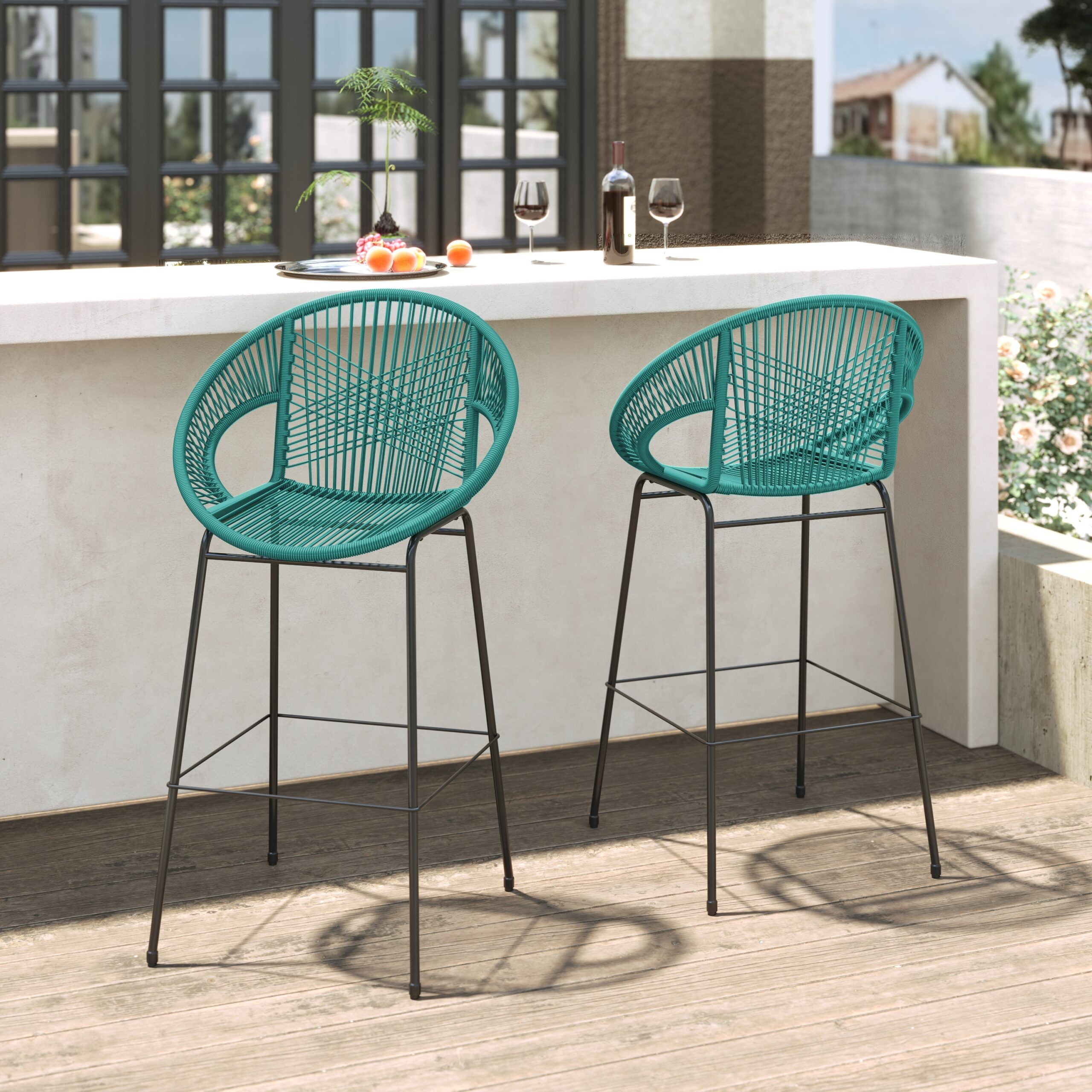 Ferrara Outdoor Patio Teal Faux Wicker Barstool Set Of 2 - Image 2
