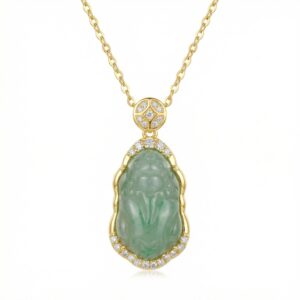 925 Sterling Silver Elegant Hand-Carved Green Jade Pendant Necklace with Shimmering Gemstone Accents