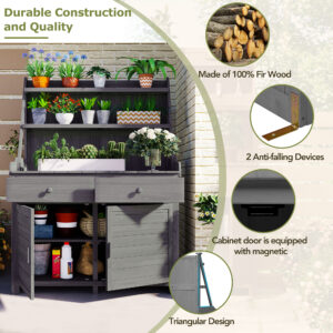 TOPMAx 65inch Garden Potting Bench Table Fir Wood Workstation With Storage Shelf Drawer And Cabinet Gray
