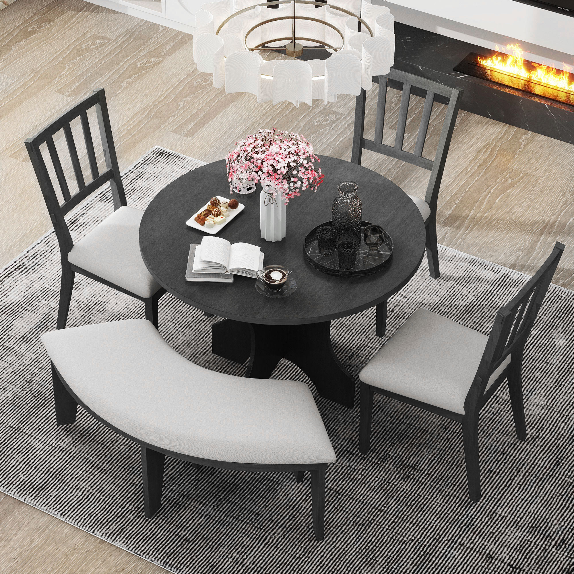 TREXM 5-piece Rustic Charm Round Dining Set With 3 Upholstered Chairs And Curved Bench For Dining Room Kitchen And Living Room Gray - Image 2