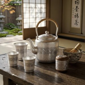 Pure 999 Fine Silver Set of Three Silver-Toned Metallic Tumblers with Artistic Wave Engravings and Hammered Texture Accents - Handicraft