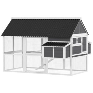 Wooden Chicken Coop With Run, 2 Nesting Boxes, 2 Roosting Bars, Ramp & Tray, Poultry Cage For 6-8 Chickens, Gray