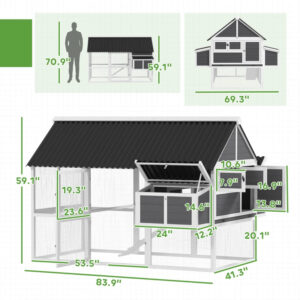 Wooden Chicken Coop With Run, 2 Nesting Boxes, 2 Roosting Bars, Ramp & Tray, Poultry Cage For 6-8 Chickens, Gray
