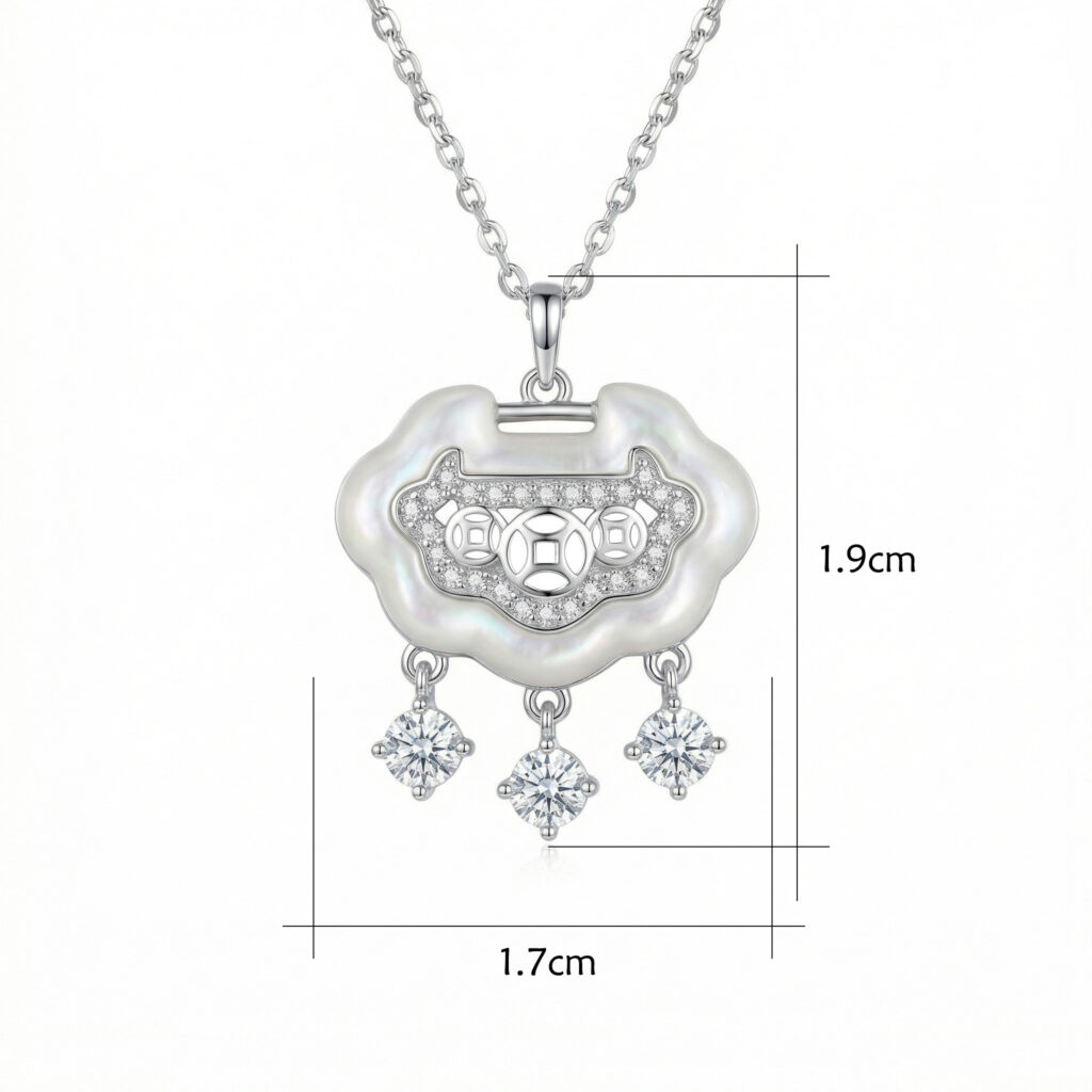 925 Sterling Silver Sterling Silver Ruyi Longevity Lock Pendant Necklace with Mother-of-Pearl and Crystal Charms